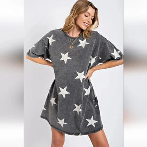 New! Easel Star Print Mineral Washed Ash T-shirt Dress